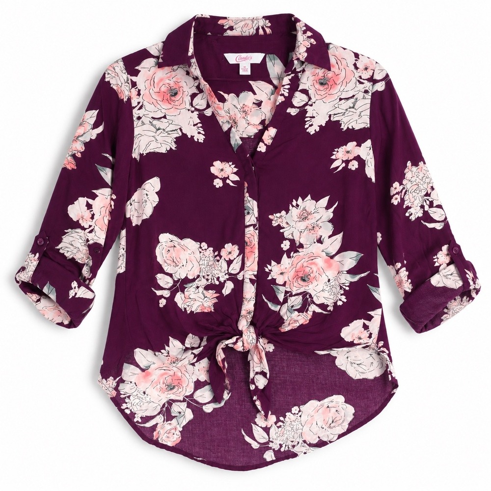 Candie's Women's M Burgundy Floral Tie Front Blouse Roll Tab Sleeve Rayon